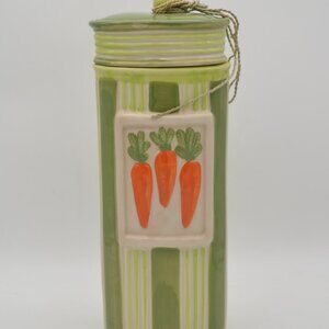 Green Striped Ceramic with Carrots Spaghetti Pasta Canister Storage 13” Tal